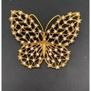 Gold Tone And Clear Rhinestone Butterfly Brooch